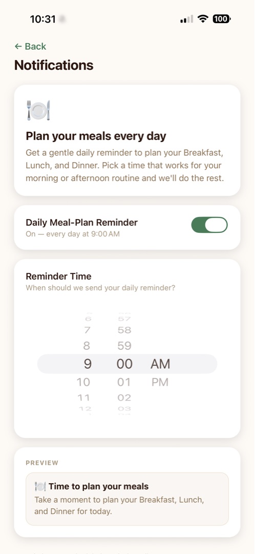 Silver Spoon notification settings screen for a daily meal-plan reminder