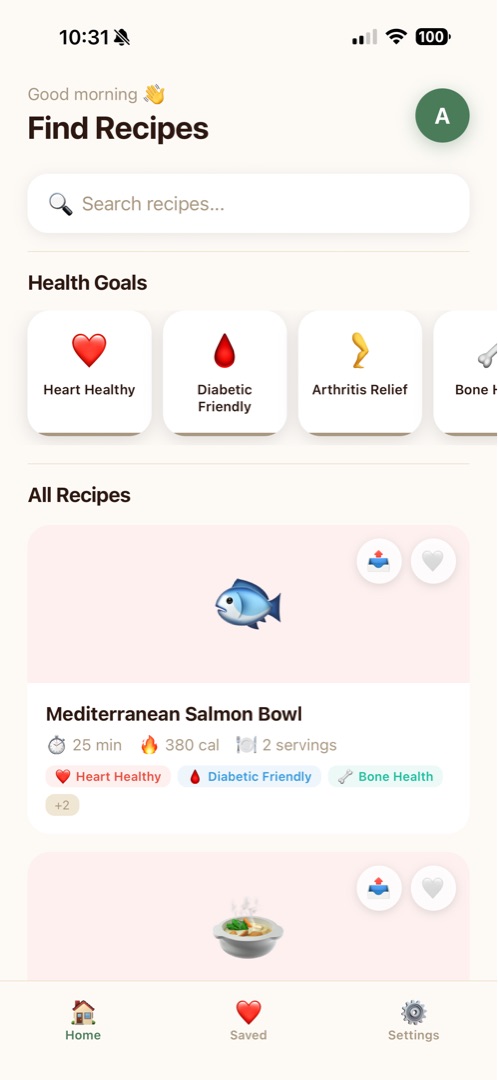 Silver Spoon recipe search screen showing health goal filters and recipe cards