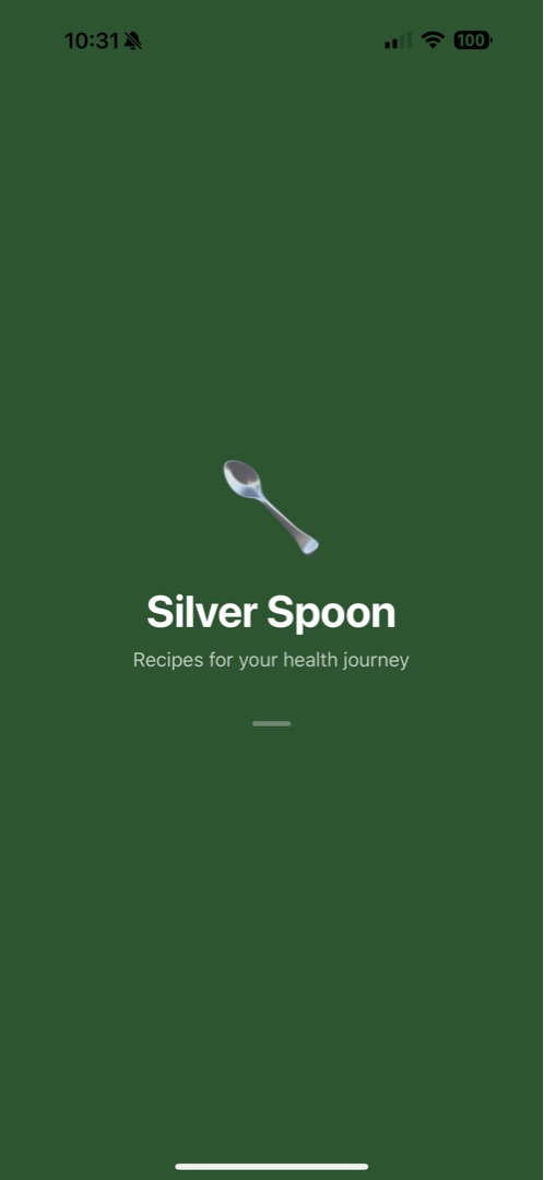 Silver Spoon splash screen with spoon logo on a deep green background